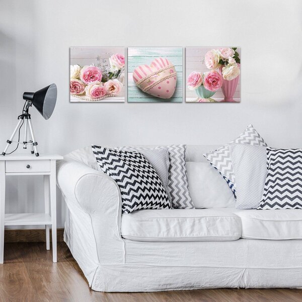 Obraz na plátně: Růže a srdce - set 3ks 25x25cm
