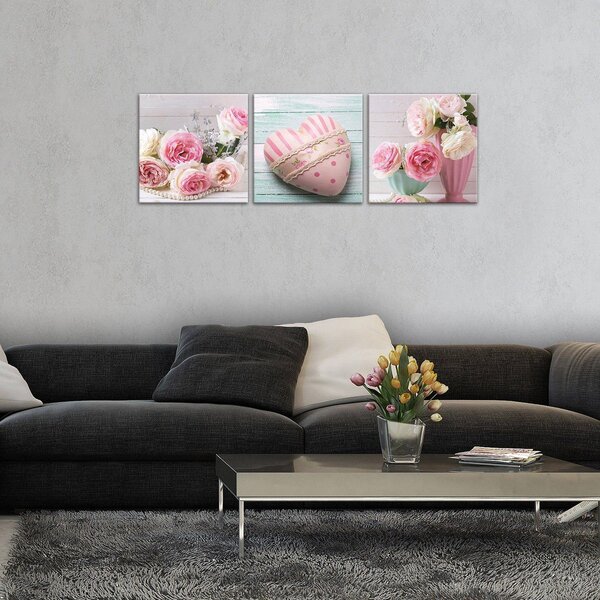 Obraz na plátně: Růže a srdce - set 3ks 25x25cm