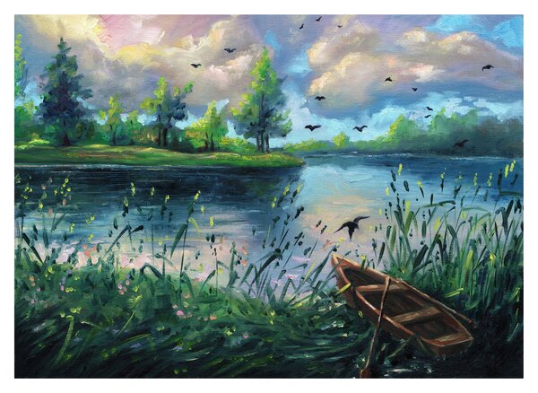 Skleněný obraz - Olejomalba, Letní podvečer u jezera (70x50 cm)