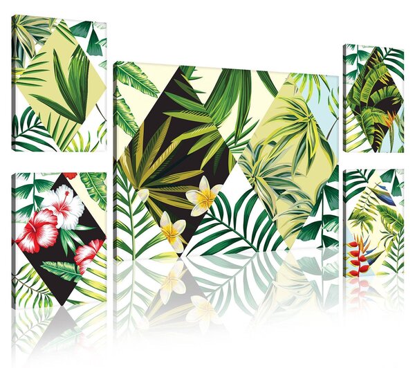 Obraz na plátně: Malovaná tropická flóra (3) - set 1ks 70x50 cm a 4ks 32,4x22,8 cm