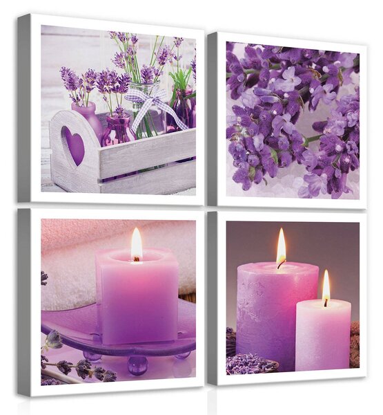 Obraz na plátně: Levandule a svíčky (1) - set 4ks 25x25cm