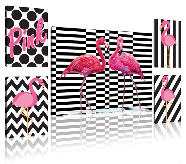 Obraz na plátně: Růžoví plameňáci - set 1ks 70x50 cm a 4ks 32,4x22,8 cm