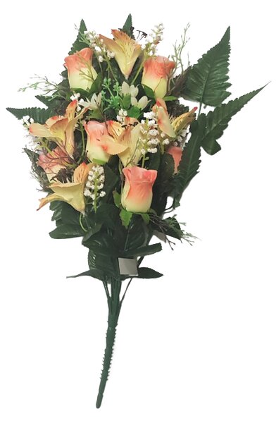 Růže a Alstromerie kytice růžová a žlutá x12 52cm umělá