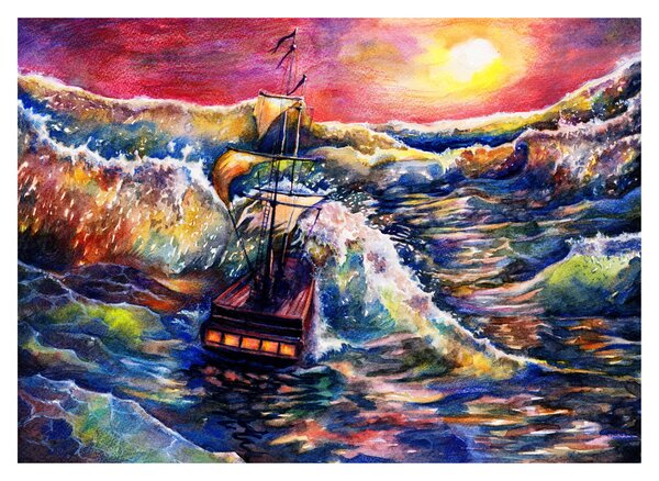 Skleněný obraz - Loď na oceánských vlnách, aquarel (70x50 cm)