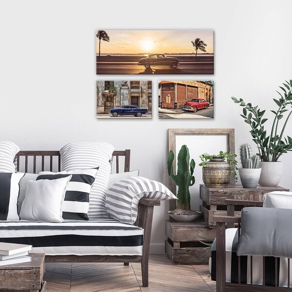 Obraz na plátně: Havana auto u moře - set 1ks 80x30 cm a 2ks 37,5x24,8 cm
