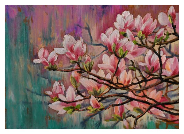 Skleněný obraz - Olejomalba, Rozkvetlá sakura (70x50 cm)