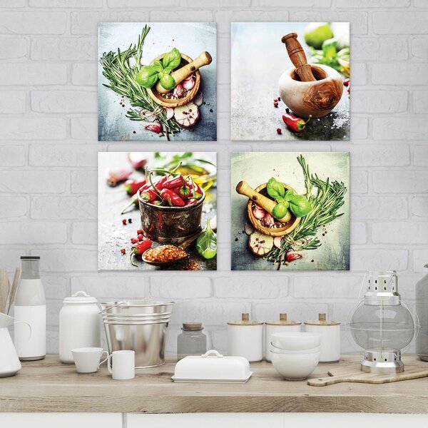 Obraz na plátně: Bylinky a chilli - set 4ks 25x25cm