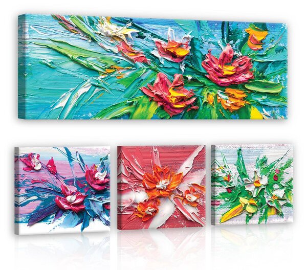 Obraz na plátně: Květiny malované - set 1ks 80x30 cm a 3ks 25,8x24,8 cm