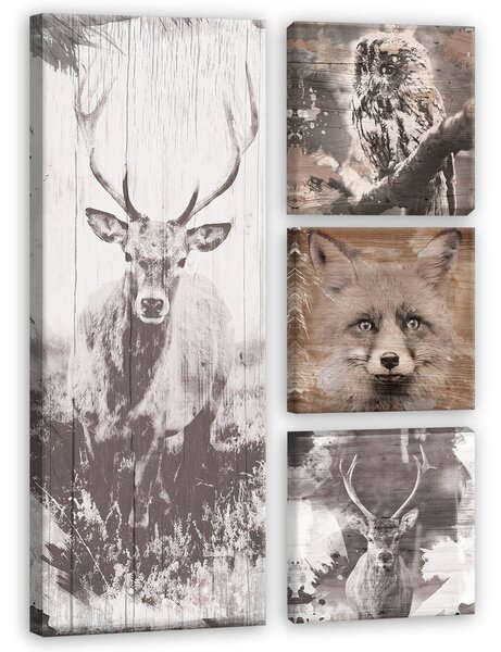 Obraz na plátně: Zvířata v lese - set 1ks 80x30 cm a 3ks 25,8x24,8 cm