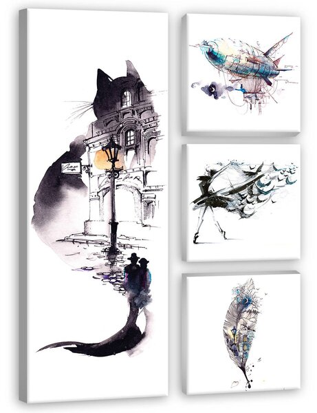 Obraz na plátně: Černobílá kočka - set 1ks 80x30 cm a 3ks 25,8x24,8 cm