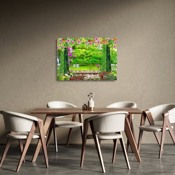 Skleněný obraz - Kouzelná zahrada s labutěmi (70x50 cm)