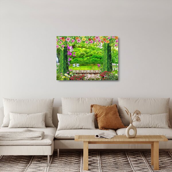 Skleněný obraz - Kouzelná zahrada s labutěmi (70x50 cm)