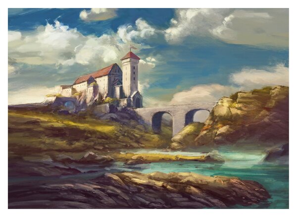 Skleněný obraz - Středověký hrad (70x50 cm)