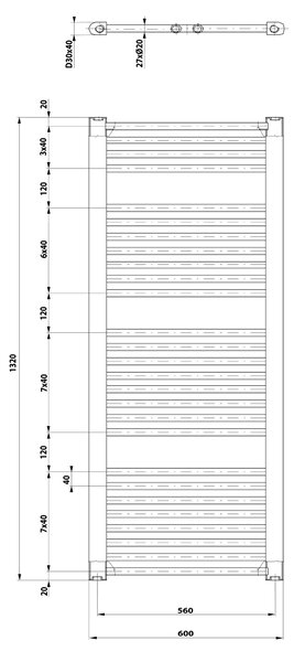 Aqualine Aqualine, DIRECT topné těleso s bočním připojením 600x1320 mm, černá matná, ILR36B