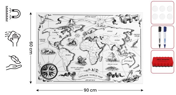 Magnetická tabule METALboards MAPA SVĚTA RETRO 90x60 cm,MB96_00118