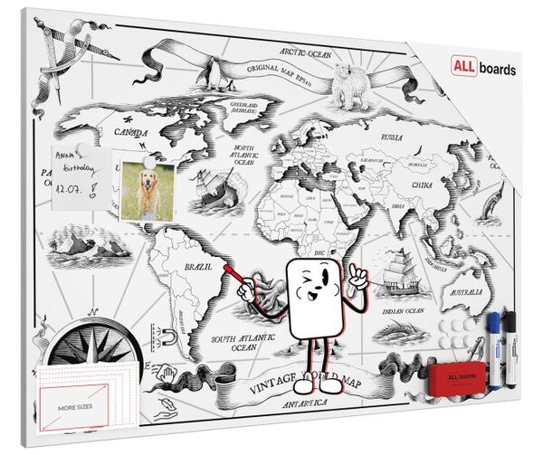 Magnetická tabule METALboards MAPA SVĚTA RETRO 90x60 cm,MB96_00118