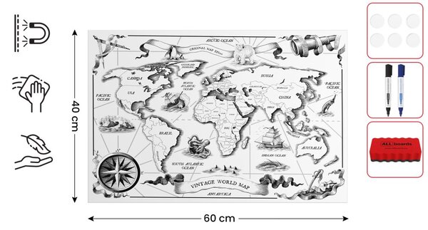 Kovový obraz MAPA SVĚTA RETRO 60x40 ALLboards METAL,MB64_00118