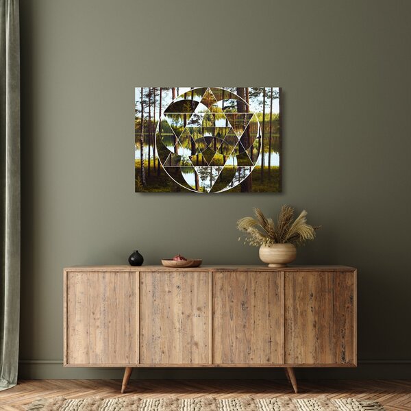 Skleněný obraz - Geometrická koláž na pozadí severských lesů (70x50 cm)