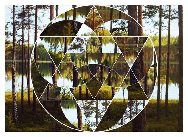 Skleněný obraz - Geometrická koláž na pozadí severských lesů (70x50 cm)