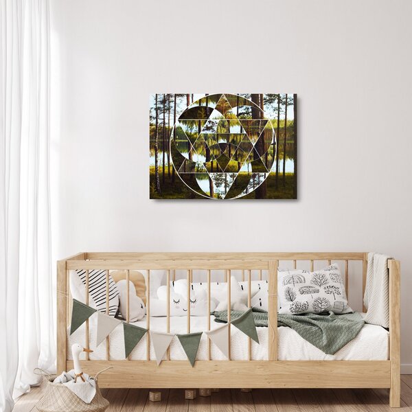 Skleněný obraz - Geometrická koláž na pozadí severských lesů (70x50 cm)