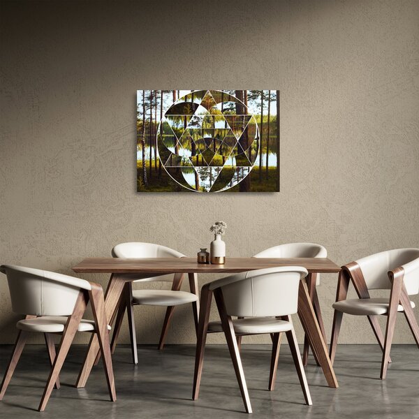 Skleněný obraz - Geometrická koláž na pozadí severských lesů (70x50 cm)