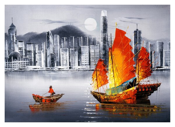 Skleněný obraz - Victoria Harbor, Hong Kong, černobílá olejomalba (70x50 cm)