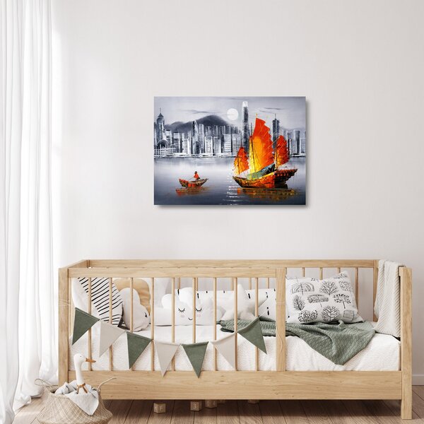 Skleněný obraz - Victoria Harbor, Hong Kong, černobílá olejomalba (70x50 cm)