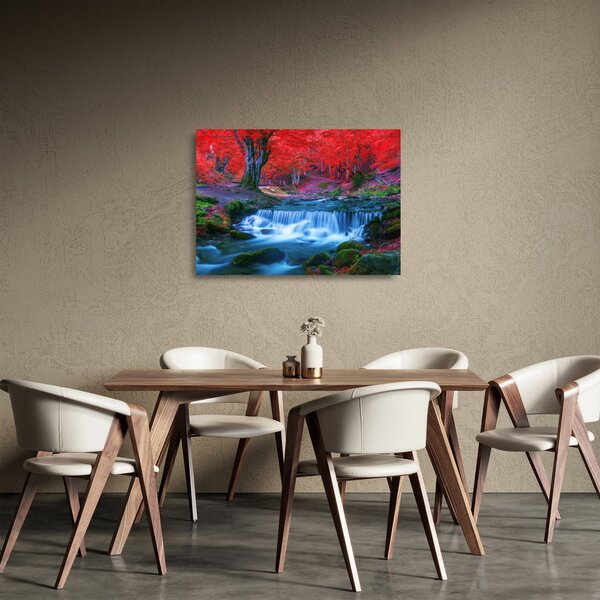 Skleněný obraz vodopádu v červeném lese (70x50 cm)
