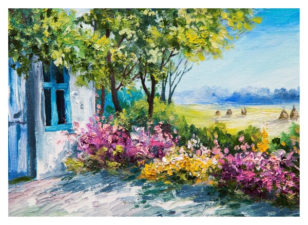 Skleněný obraz zahrádky před domem, olejomalba (70x50 cm)