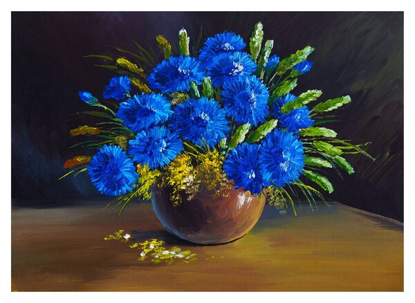 Skleněný obraz modrých květů ve váze (70x50 cm)