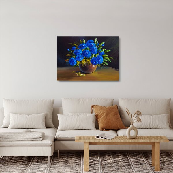 Skleněný obraz modrých květů ve váze (70x50 cm)