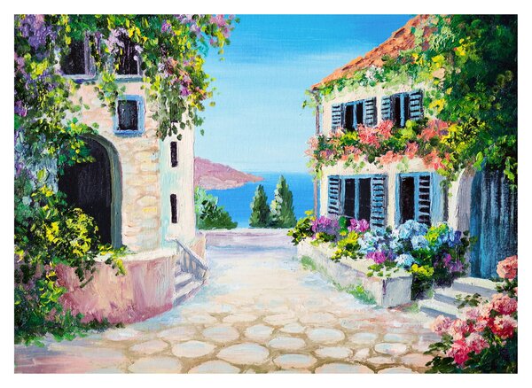 Skleněný obraz - Řecká ulička, olejomalba (70x50 cm)