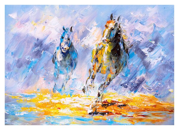 Skleněný obraz běžících koňů, olejomalba (70x50 cm)