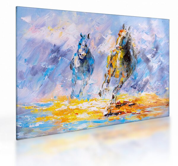 Skleněný obraz běžících koňů, olejomalba (70x50 cm)