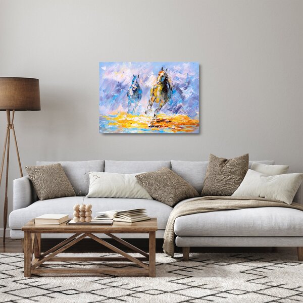Skleněný obraz běžících koňů, olejomalba (70x50 cm)