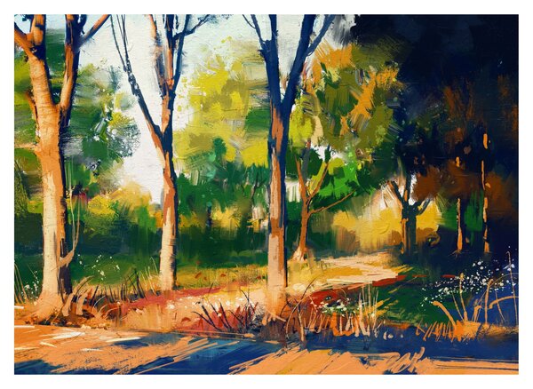 Skleněný obraz lesa v letním slunci, malba (70x50 cm)