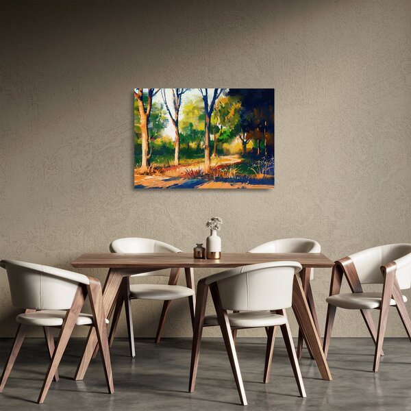 Skleněný obraz lesa v letním slunci, malba (70x50 cm)