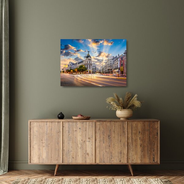 Skleněný obraz - Calle Gran Vía, Madrid, Španělsko (70x50 cm)