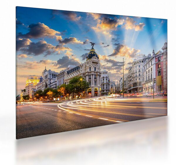 Skleněný obraz - Calle Gran Vía, Madrid, Španělsko (70x50 cm)