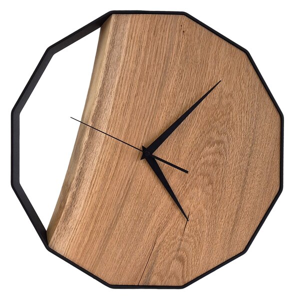 Dřevěné hodiny - 45cm, přírodní dřevo - dub, černý kovový rám (45A5)