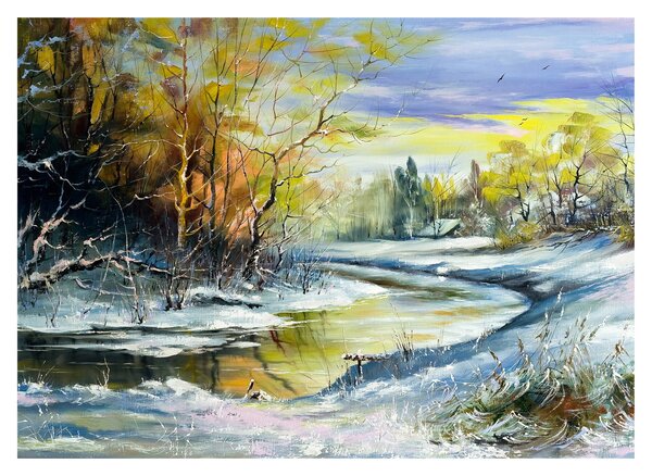 Skleněný obraz zimní řeky, olejomalba (70x50 cm)