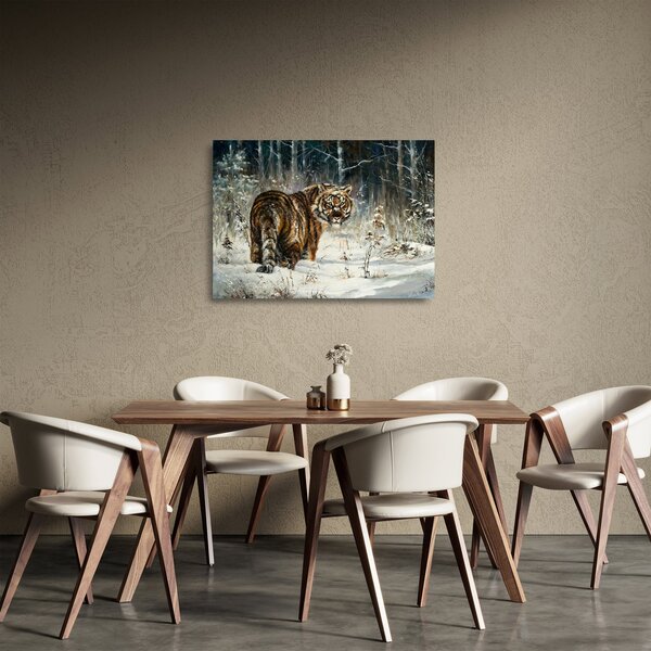 Skleněný obraz - Tygr v zasněženém lese, olejomalba (70x50 cm)