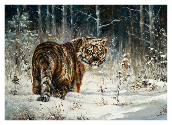 Skleněný obraz - Tygr v zasněženém lese, olejomalba (70x50 cm)