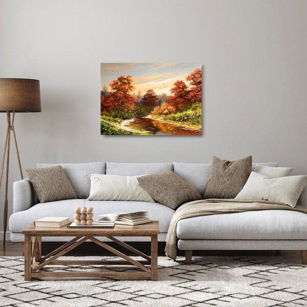 Skleněný obraz řeky v podzimní krajině, olejomalba (70x50 cm)