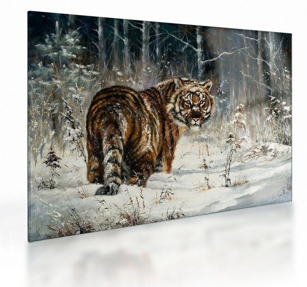 Skleněný obraz - Tygr v zasněženém lese, olejomalba (70x50 cm)