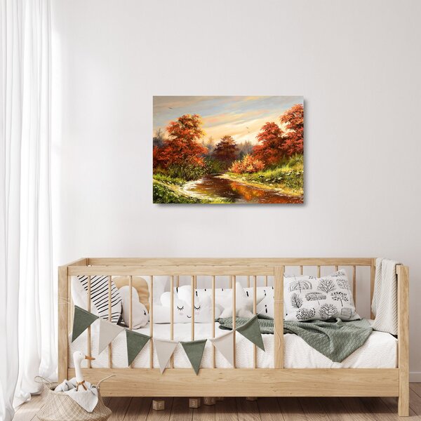 Skleněný obraz řeky v podzimní krajině, olejomalba (70x50 cm)