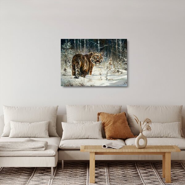 Skleněný obraz - Tygr v zasněženém lese, olejomalba (70x50 cm)