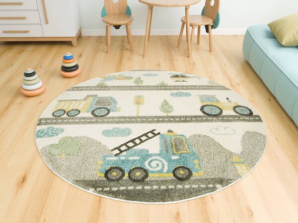 Makro Abra Kulatý dětský koberec Lima E180A Auto Helikoptéra Traktor krémový šedý Rozměr: průměr 100 cm