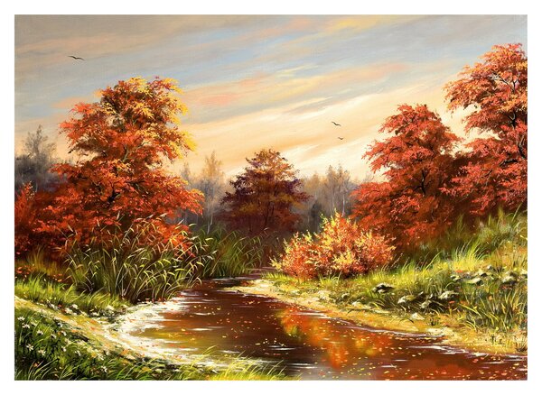 Skleněný obraz řeky v podzimní krajině, olejomalba (70x50 cm)