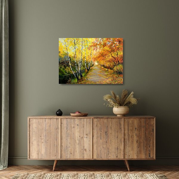 Skleněný obraz - Romantická alej podél vody, olejomalba (70x50 cm)